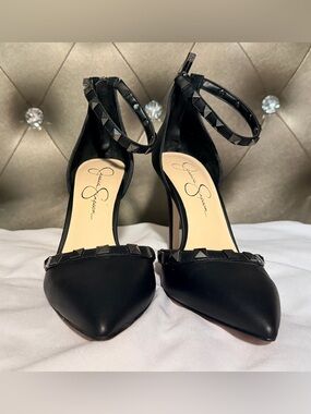 Like New, Jessica Simpson Black Studded Pointed Toe Ankle-Strap Pumps